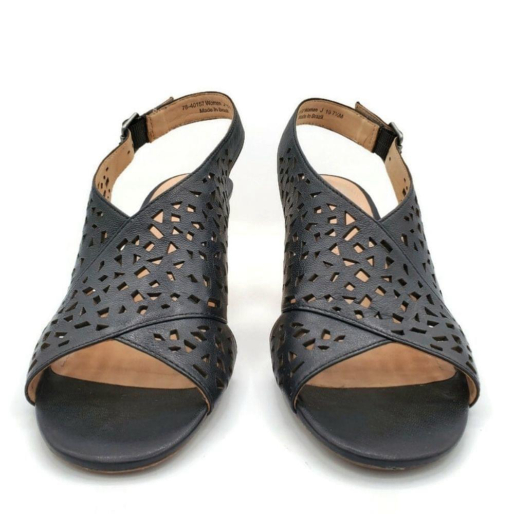 Johnston & Murphy Destiny Black Die-Cut Leather Sling-Back Cork Wedge Sandals